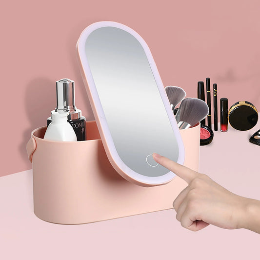 Portable Makeup Organizer Box with LED Light Mirror