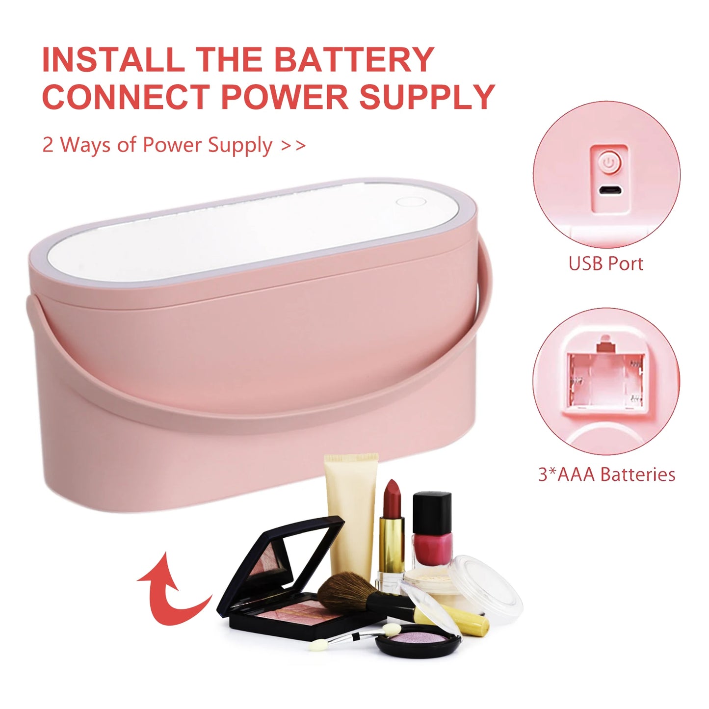 Portable Makeup Organizer Box with LED Light Mirror